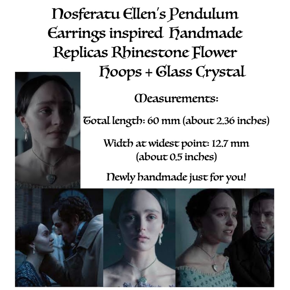 Nosferatu Ellen’s Pendulum Earrings Handmade Replicas Flower Hoops + Crystals - Picture 11 of 11